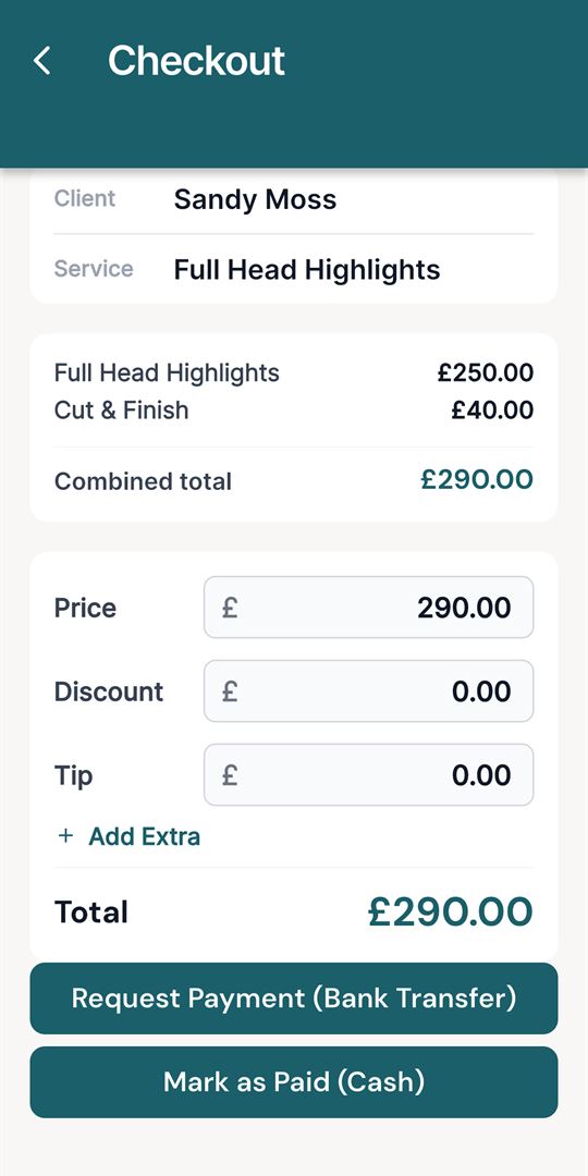 StylistHub checkout with services, discount, tip and payment options
