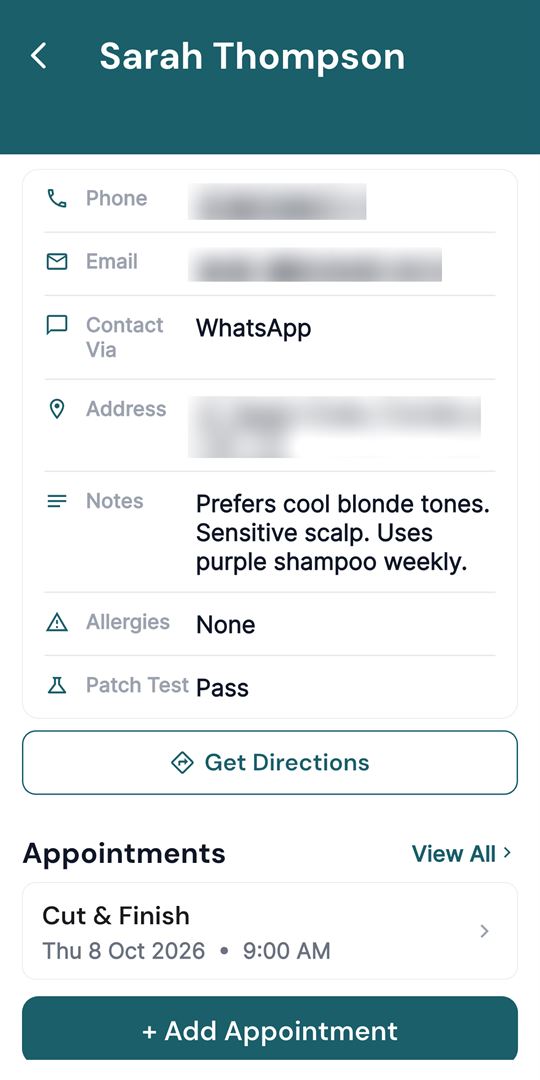 StylistHub client profile with contact details, notes, allergies and patch test