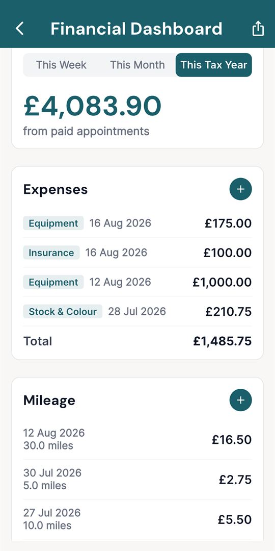 StylistHub financial dashboard showing income, expenses and tax summary