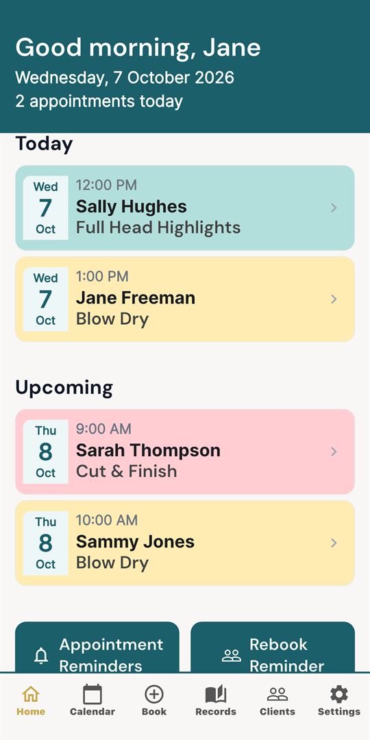 StylistHub home screen showing today's appointments