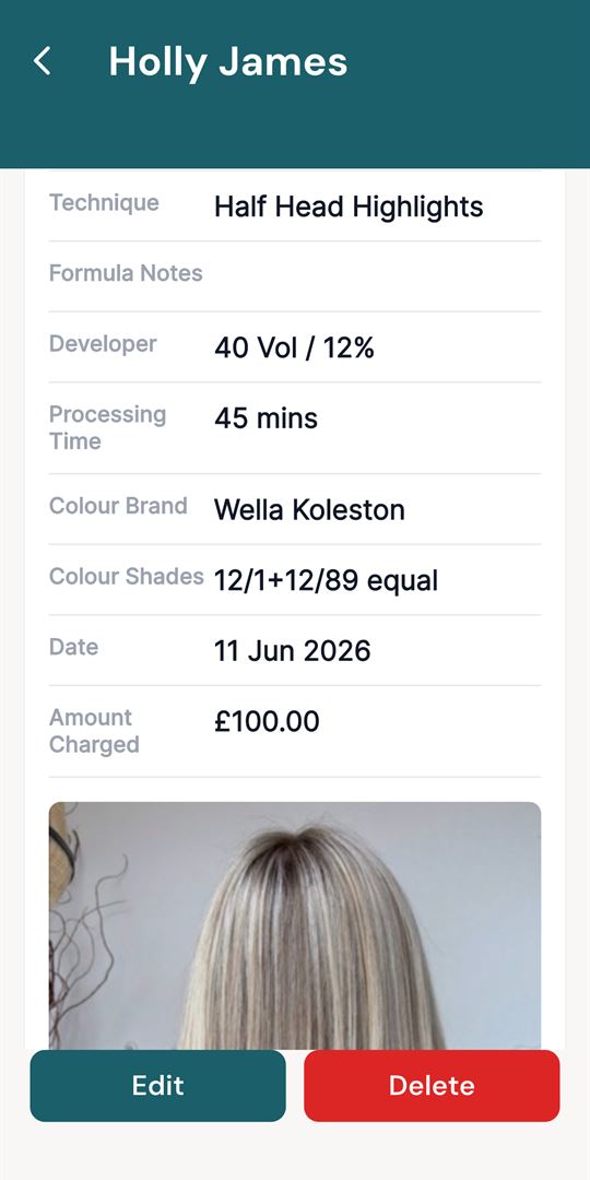 StylistHub colour record card with formula and result photo